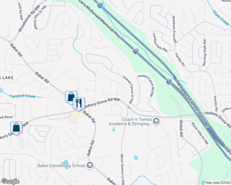 map of restaurants, bars, coffee shops, grocery stores, and more near 4615 Carina Drive Northwest in Acworth