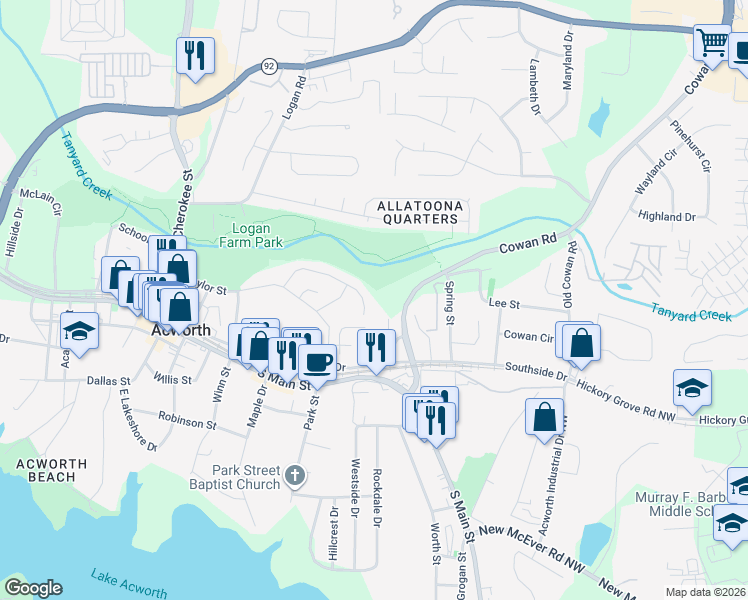map of restaurants, bars, coffee shops, grocery stores, and more near 4287 Hill View Drive in Acworth