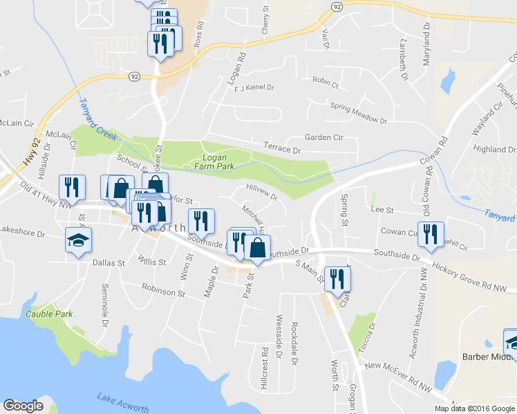 map of restaurants, bars, coffee shops, grocery stores, and more near 4391 Overlook Drive in Acworth