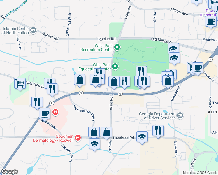 map of restaurants, bars, coffee shops, grocery stores, and more near 11950 Alpharetta Highway in Alpharetta