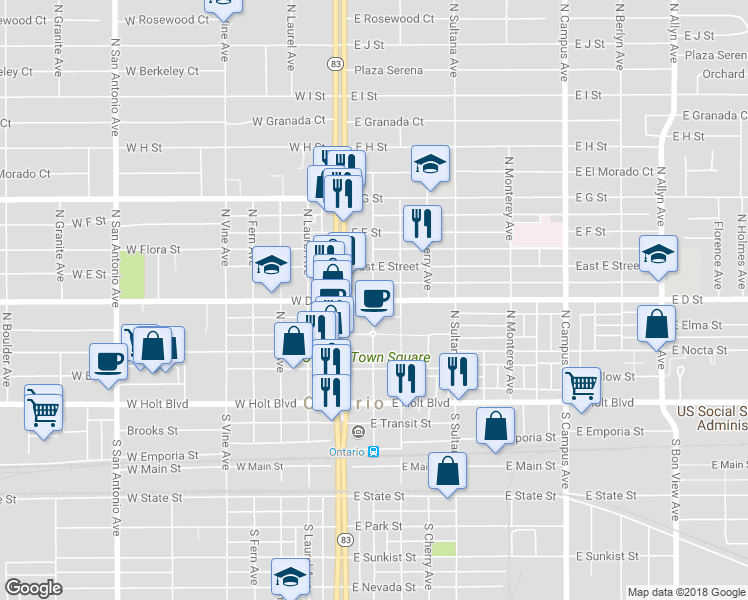 map of restaurants, bars, coffee shops, grocery stores, and more near 322 North Lemon Avenue in Ontario