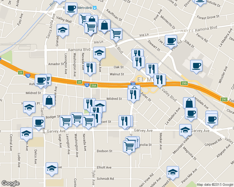 map of restaurants, bars, coffee shops, grocery stores, and more near 11209 Mildred Street in El Monte