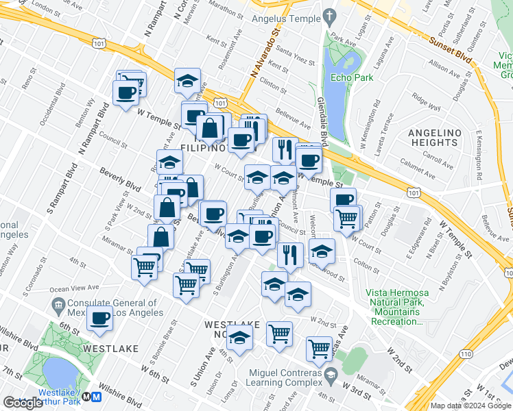 map of restaurants, bars, coffee shops, grocery stores, and more near 234 North Burlington Avenue in Los Angeles