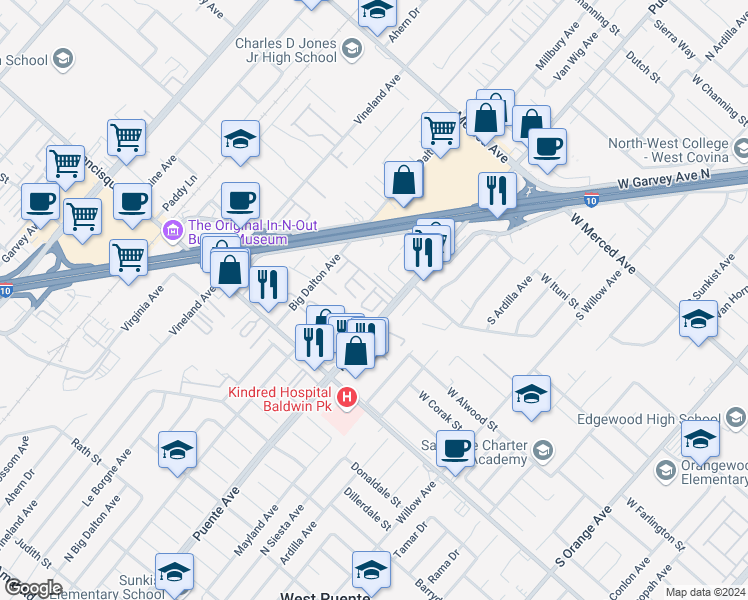 map of restaurants, bars, coffee shops, grocery stores, and more near 2a Baldwin Park Boulevard in Baldwin Park
