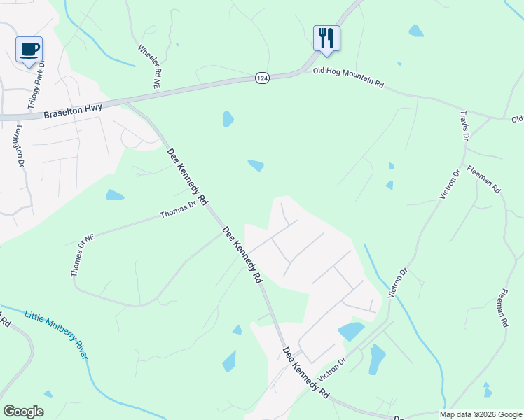 map of restaurants, bars, coffee shops, grocery stores, and more near 1587 Dee Kennedy Road in Hoschton