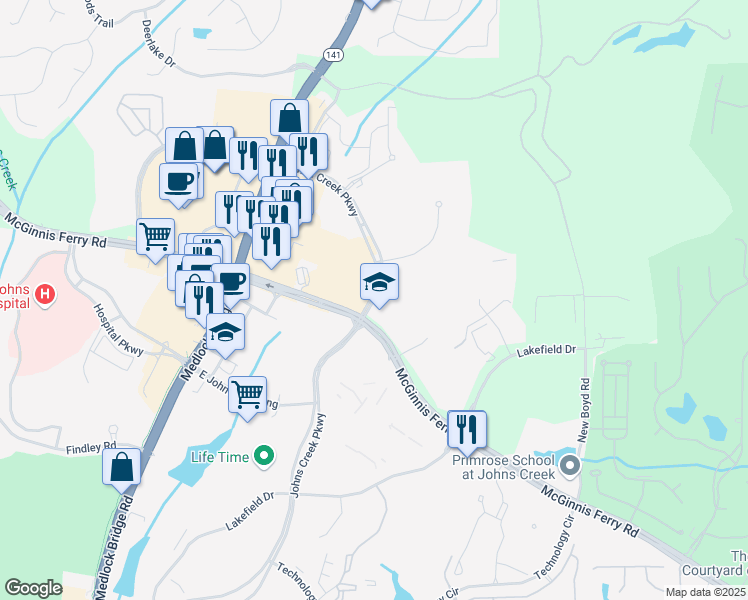map of restaurants, bars, coffee shops, grocery stores, and more near 4345 Alta Drive in Suwanee