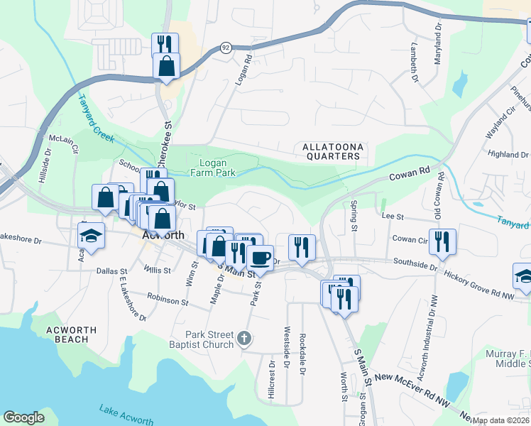 map of restaurants, bars, coffee shops, grocery stores, and more near 4391 Overlook Drive in Acworth