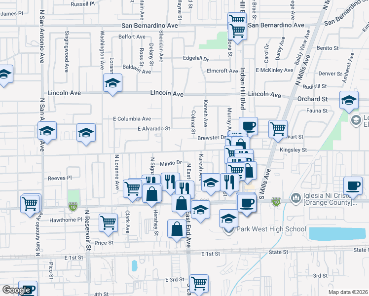 map of restaurants, bars, coffee shops, grocery stores, and more near 1280 East Kingsley Avenue in Pomona