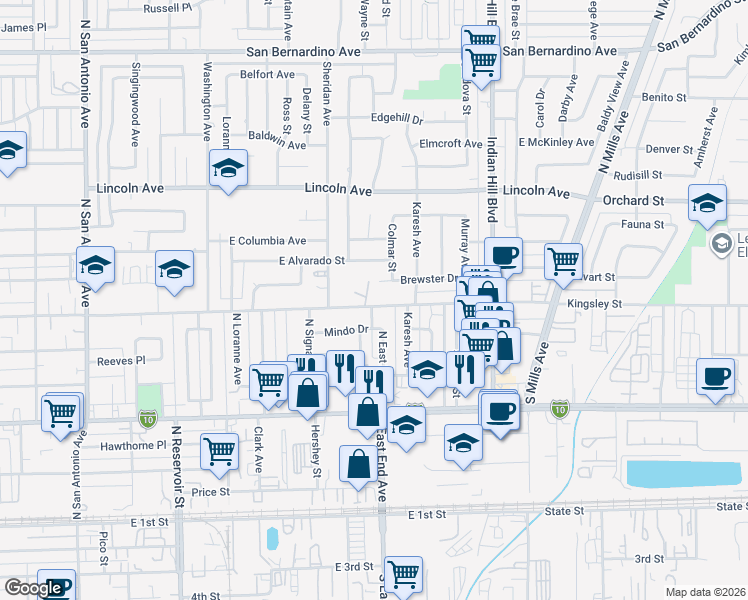 map of restaurants, bars, coffee shops, grocery stores, and more near 1285 East Kingsley Avenue in Pomona