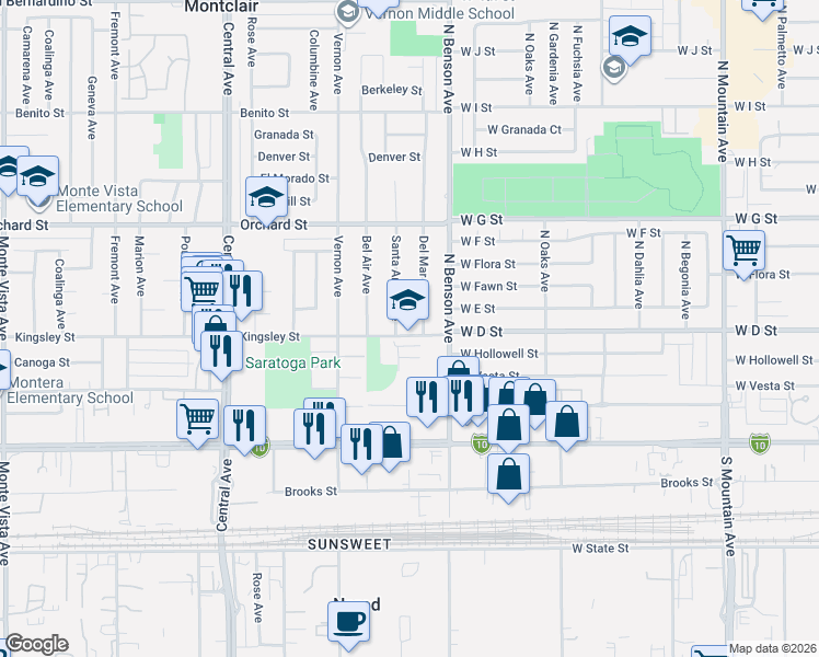 map of restaurants, bars, coffee shops, grocery stores, and more near 5630 Kingsley Street in Montclair