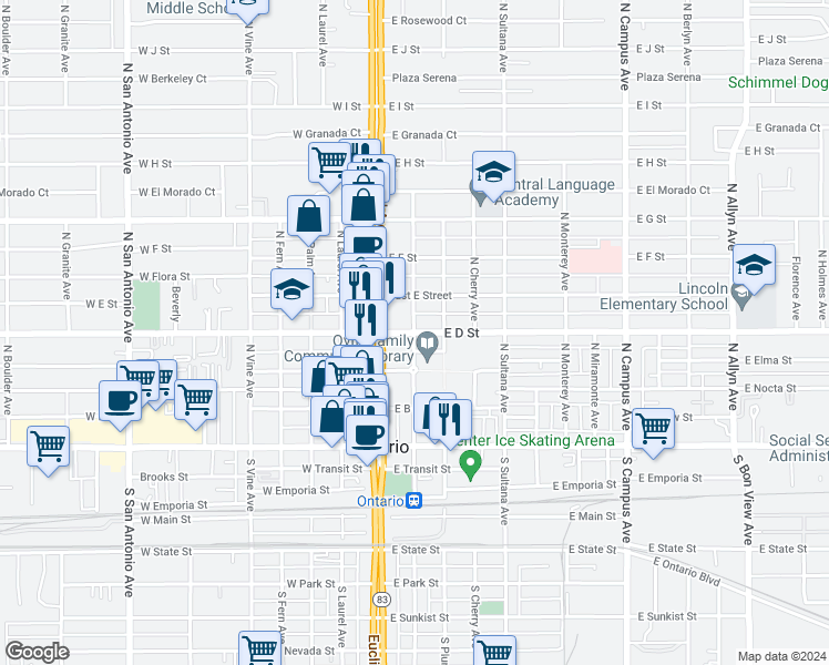 map of restaurants, bars, coffee shops, grocery stores, and more near 201 East D Street in Ontario