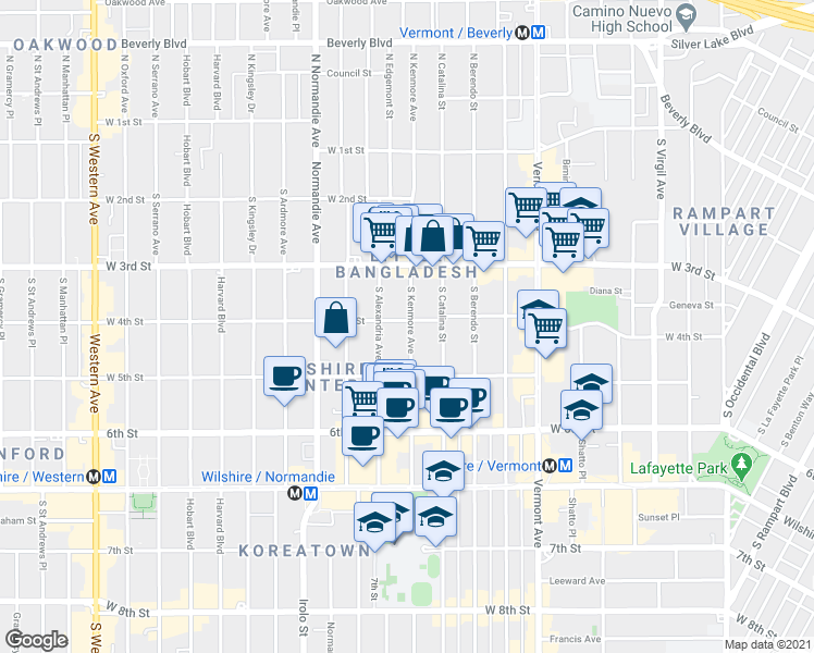 map of restaurants, bars, coffee shops, grocery stores, and more near 420 South Alexandria Avenue in Los Angeles
