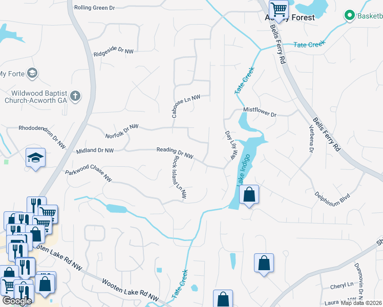 map of restaurants, bars, coffee shops, grocery stores, and more near 1134 Reading Drive Northwest in Acworth