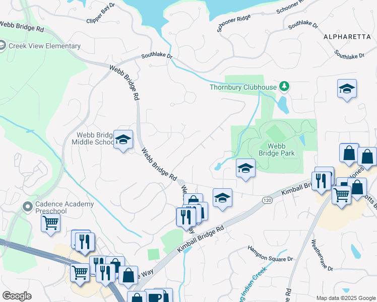 map of restaurants, bars, coffee shops, grocery stores, and more near 6370 Maid Marion Close in Alpharetta