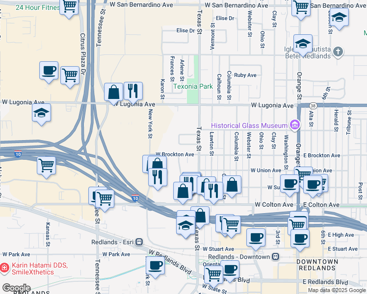 map of restaurants, bars, coffee shops, grocery stores, and more near 1034 Glenn Court in Redlands