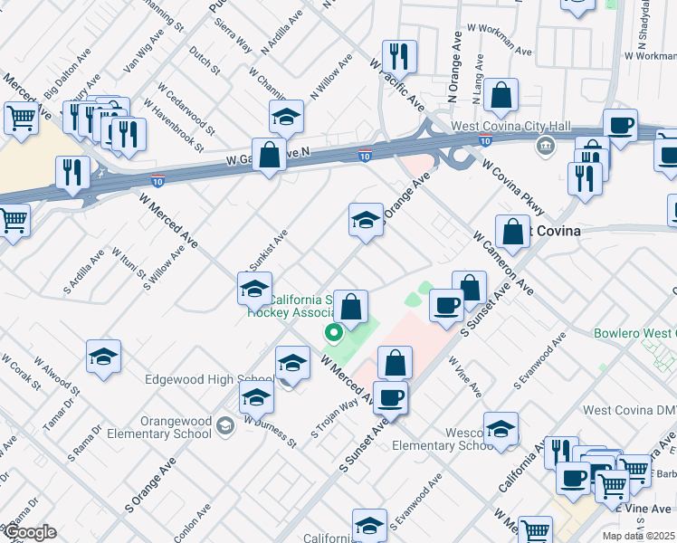 map of restaurants, bars, coffee shops, grocery stores, and more near South Orange Avenue & West Leewood Street in West Covina