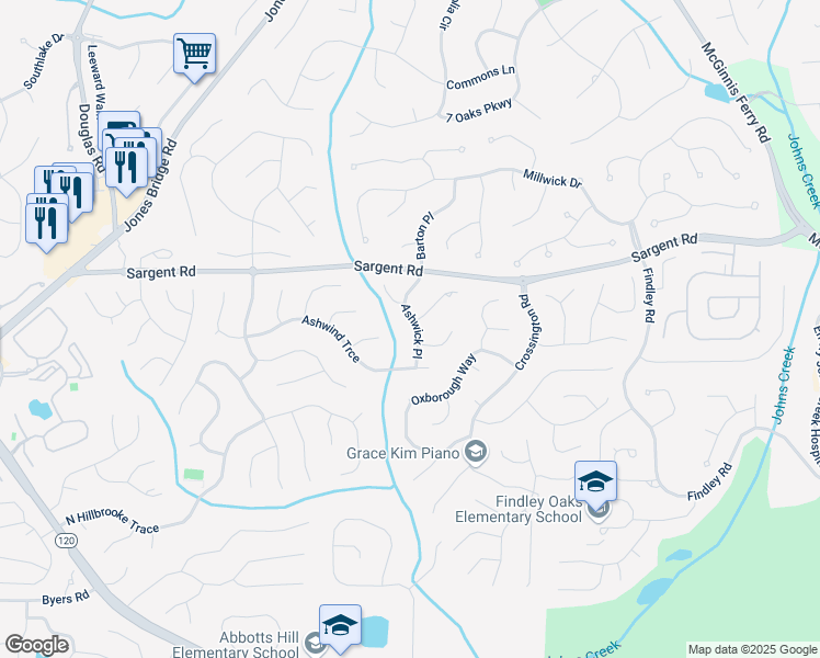 map of restaurants, bars, coffee shops, grocery stores, and more near 11770 Ashwick Place in Alpharetta