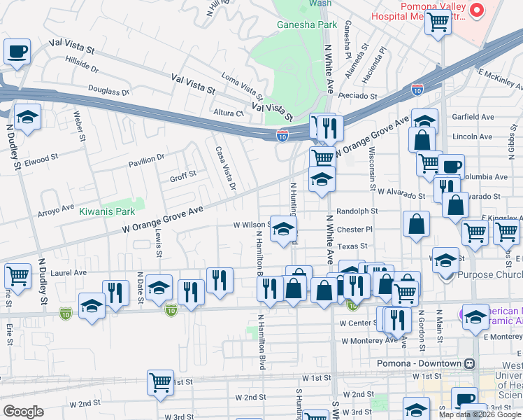 map of restaurants, bars, coffee shops, grocery stores, and more near 618 Randolph Street in Pomona