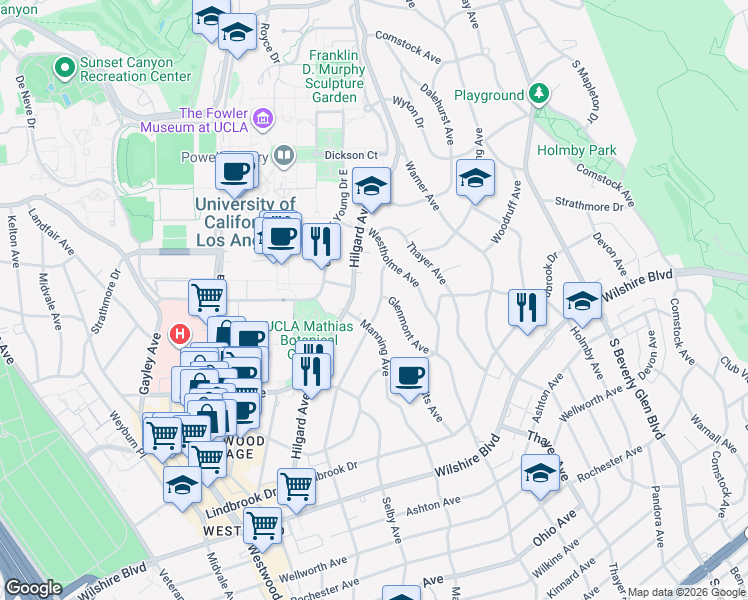 map of restaurants, bars, coffee shops, grocery stores, and more near 757 Malcolm Avenue in Los Angeles