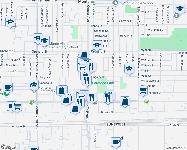 map of restaurants, bars, coffee shops, grocery stores, and more near 5342 Kingsley Street in Montclair