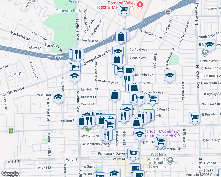 map of restaurants, bars, coffee shops, grocery stores, and more near 844 North Park Avenue in Pomona