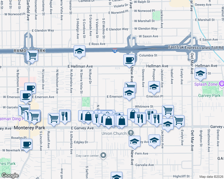 map of restaurants, bars, coffee shops, grocery stores, and more near 807 East Emerson Avenue in Monterey Park