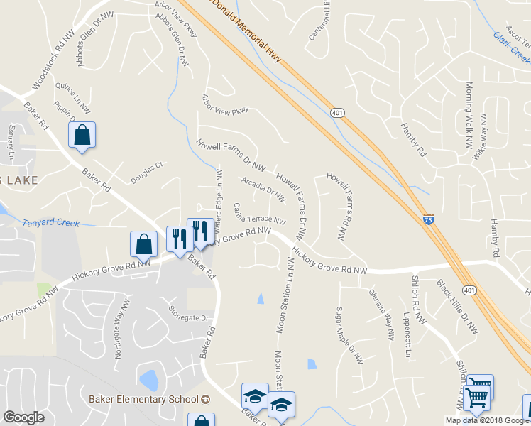 map of restaurants, bars, coffee shops, grocery stores, and more near 4615 Carina Drive Northwest in Acworth