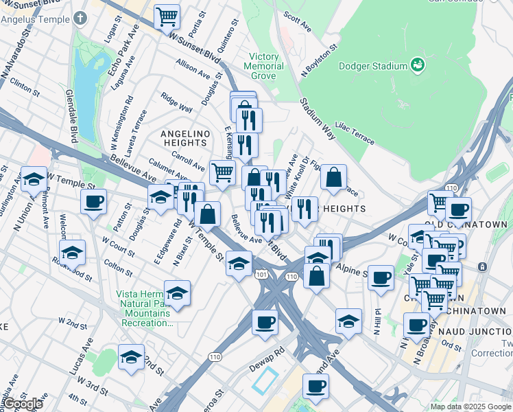 map of restaurants, bars, coffee shops, grocery stores, and more near 1140 Sunset Boulevard in Los Angeles