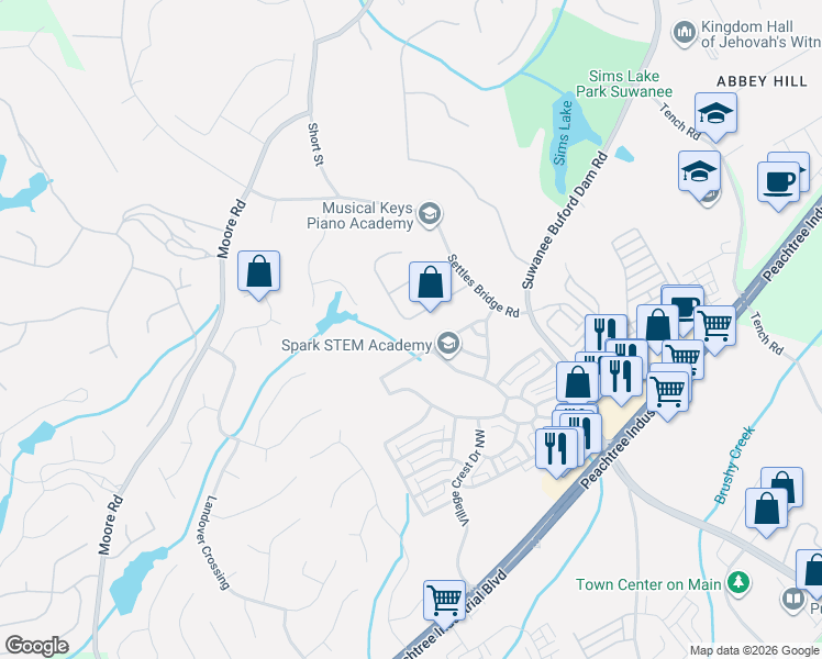 map of restaurants, bars, coffee shops, grocery stores, and more near 4549 Arbor Crest Place in Suwanee