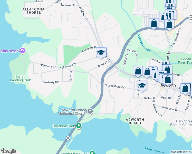 map of restaurants, bars, coffee shops, grocery stores, and more near 4800 Saddle Creek Court in Acworth