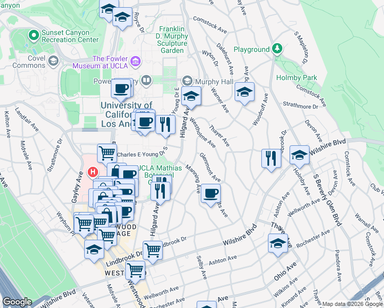 map of restaurants, bars, coffee shops, grocery stores, and more near 757 Malcolm Avenue in Los Angeles