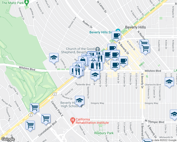 map of restaurants, bars, coffee shops, grocery stores, and more near Wilshire Blvd & Spalding Dr in Beverly Hills