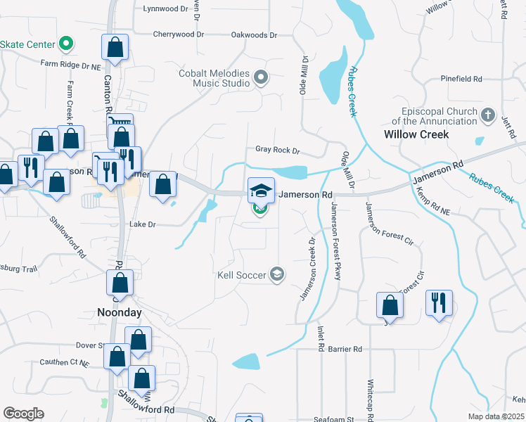 map of restaurants, bars, coffee shops, grocery stores, and more near 4770 Lee Waters Road in Marietta