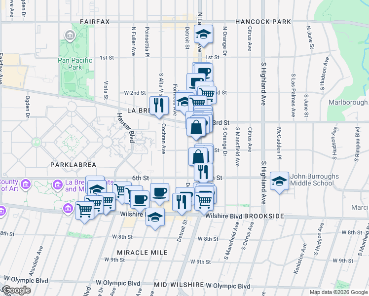 map of restaurants, bars, coffee shops, grocery stores, and more near 361 South Detroit Street in Los Angeles