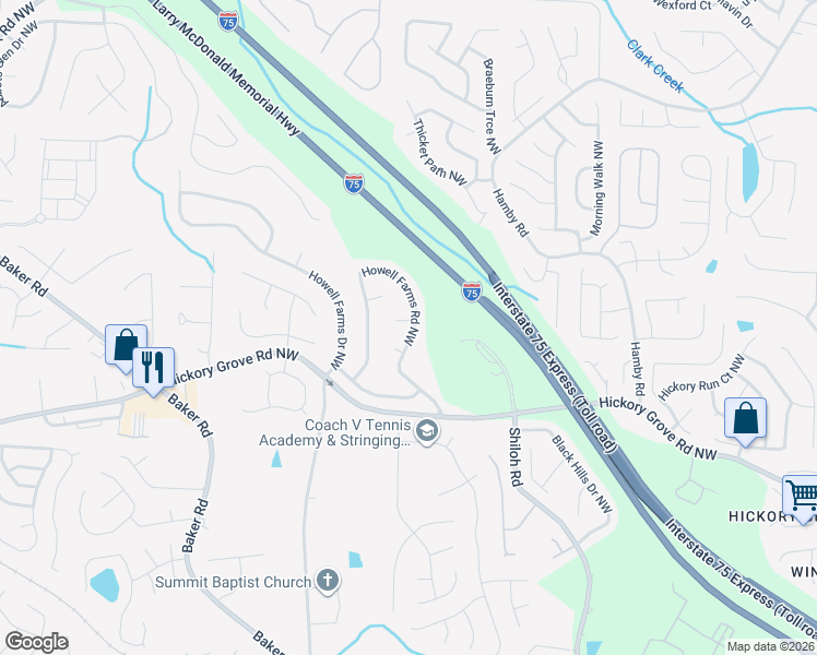 map of restaurants, bars, coffee shops, grocery stores, and more near 2323 Howell Farms Trce in Acworth