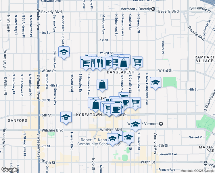 map of restaurants, bars, coffee shops, grocery stores, and more near 422 South Mariposa Avenue in Los Angeles