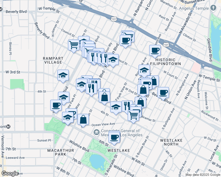 map of restaurants, bars, coffee shops, grocery stores, and more near 217 South Carondelet Street in Los Angeles