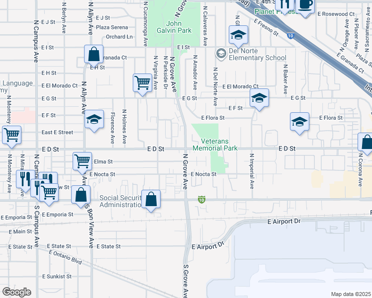 map of restaurants, bars, coffee shops, grocery stores, and more near East D Street & North Grove Avenue in Ontario