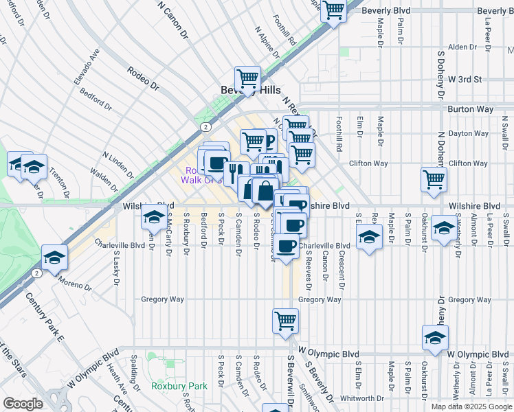 map of restaurants, bars, coffee shops, grocery stores, and more near 9 Rodeo Drive in Beverly Hills