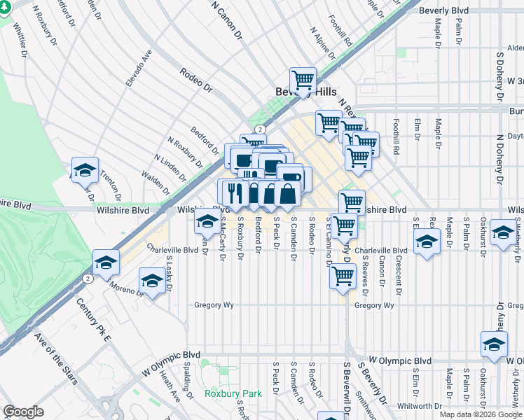 map of restaurants, bars, coffee shops, grocery stores, and more near Wilshire Blvd & N Bedford Dr in Beverly Hills
