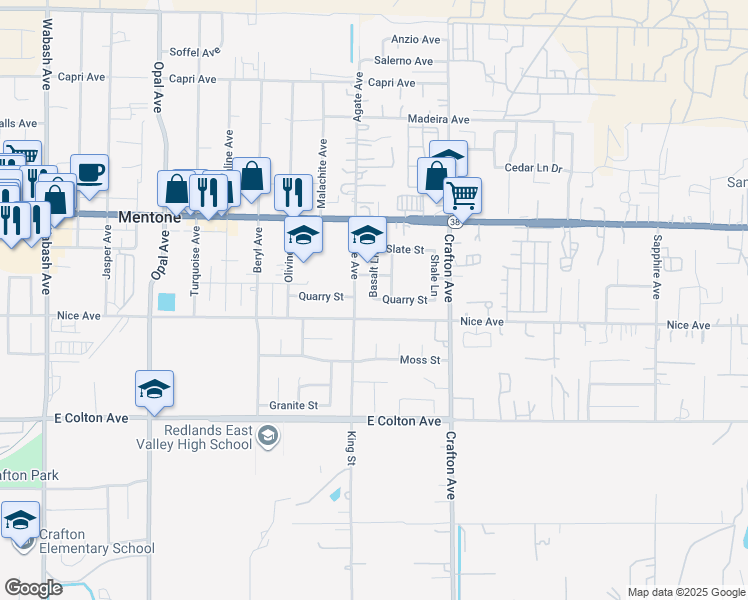 map of restaurants, bars, coffee shops, grocery stores, and more near 31130 Quarry Street in Mentone