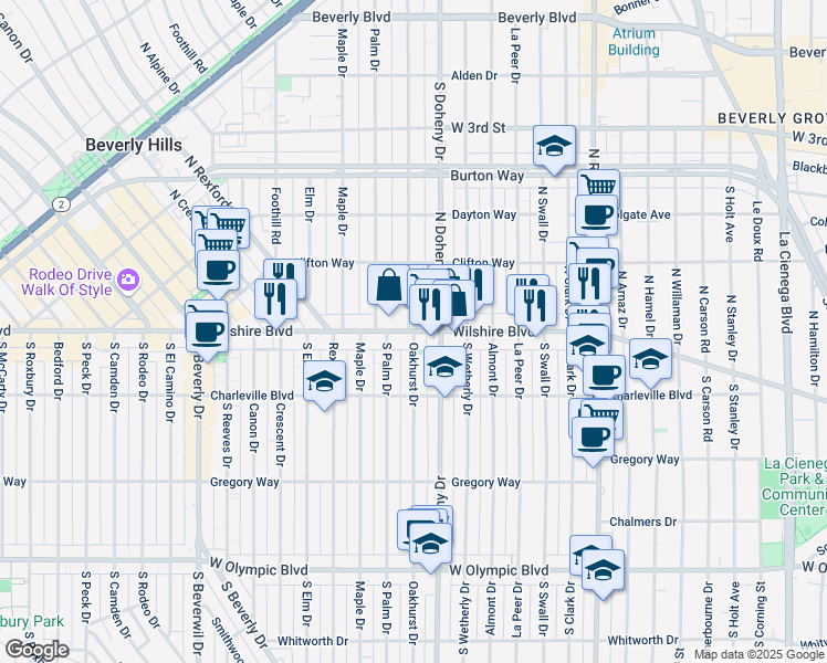 map of restaurants, bars, coffee shops, grocery stores, and more near Wilshire Blvd & S Oakhurst Dr in Beverly Hills