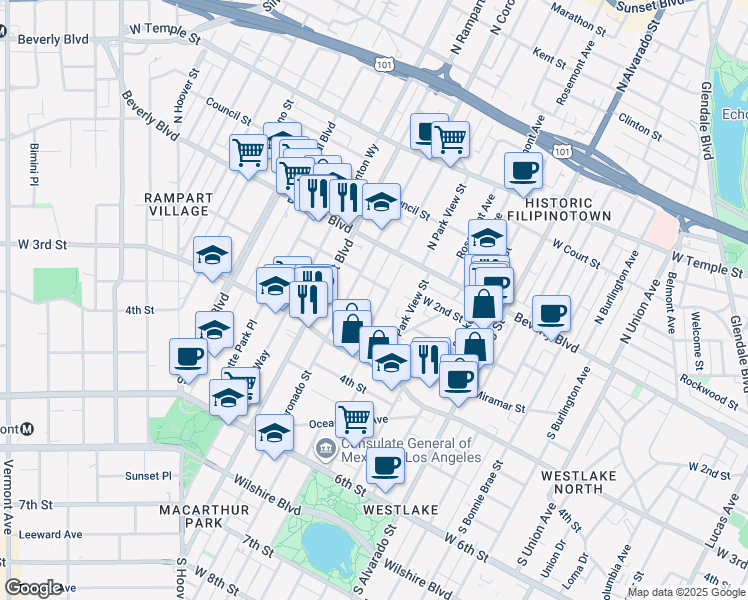 map of restaurants, bars, coffee shops, grocery stores, and more near 217 South Carondelet Street in Los Angeles