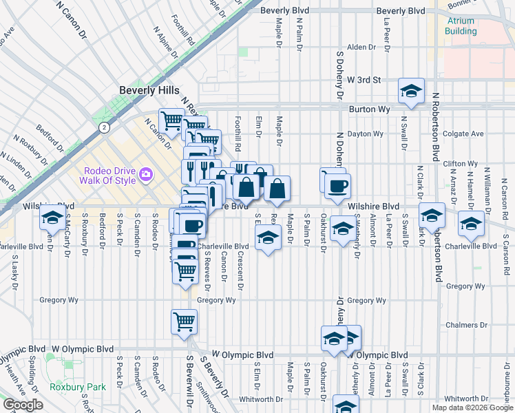 map of restaurants, bars, coffee shops, grocery stores, and more near Wilshire Blvd & S Elm Dr in Beverly Hills