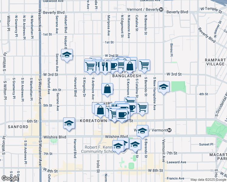 map of restaurants, bars, coffee shops, grocery stores, and more near 422 South Mariposa Avenue in Los Angeles