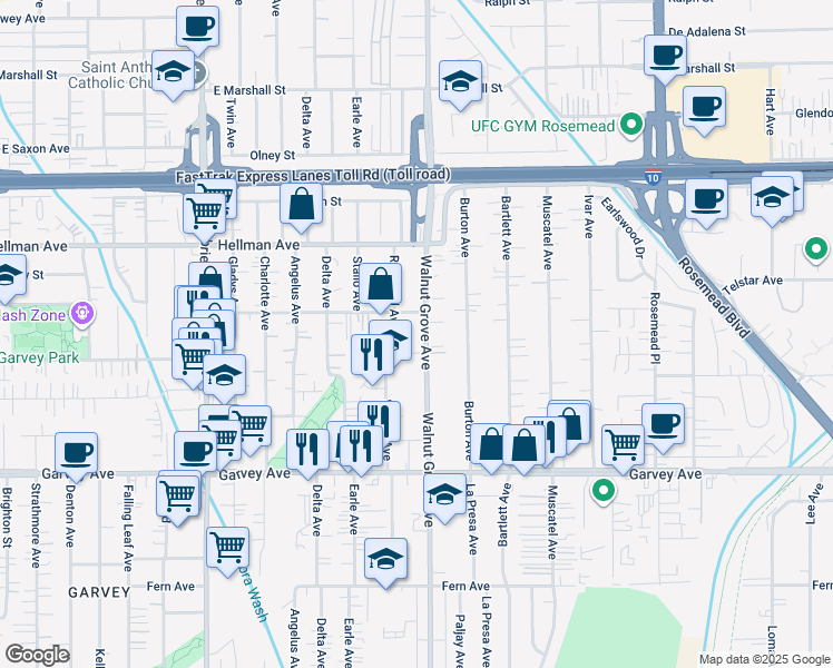 map of restaurants, bars, coffee shops, grocery stores, and more near 3229 Walnut Grove Avenue in Rosemead