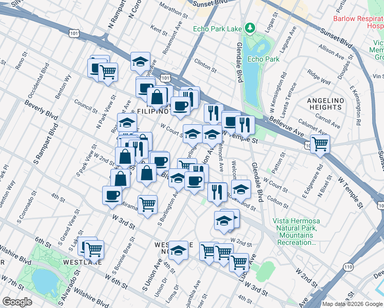 map of restaurants, bars, coffee shops, grocery stores, and more near 214 North Burlington Avenue in Los Angeles