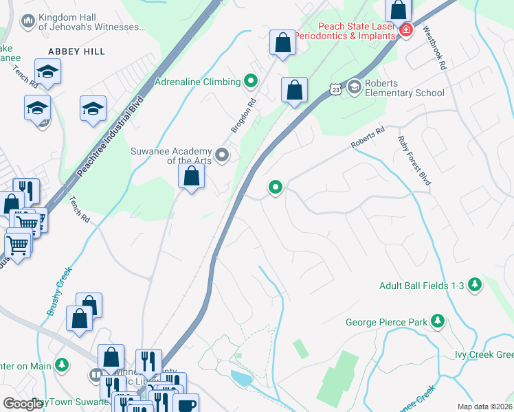 map of restaurants, bars, coffee shops, grocery stores, and more near 4150 Cherry Ridge Walk in Suwanee