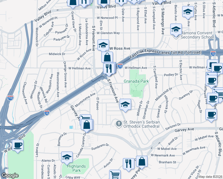 map of restaurants, bars, coffee shops, grocery stores, and more near 2500 Aurora Terrace in Alhambra