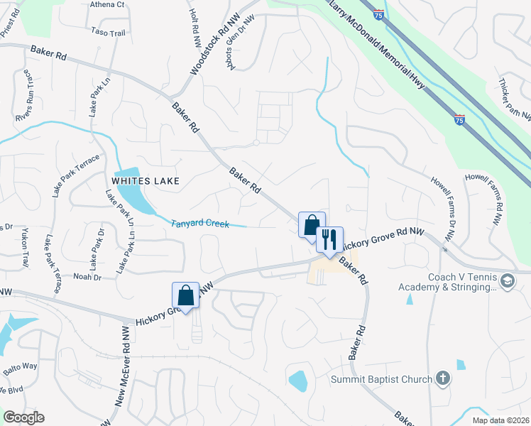 map of restaurants, bars, coffee shops, grocery stores, and more near 2510 Eden Ridge Lane in Acworth